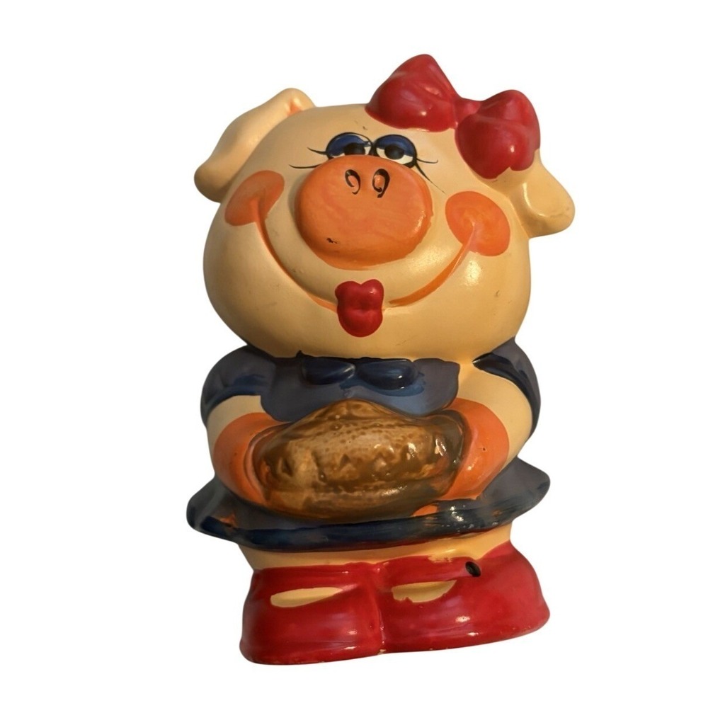 Vintage‎ Piggy Bank Girl Pig Blue Dress Red Bow Yellow Kitschy 6.5in